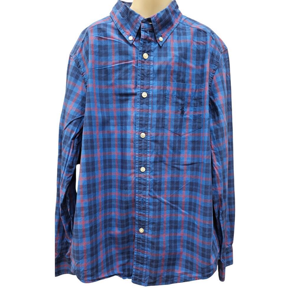 Ralph lauren sz L 14-16 blue plaid long sleeve button up preppy BOYS EUC